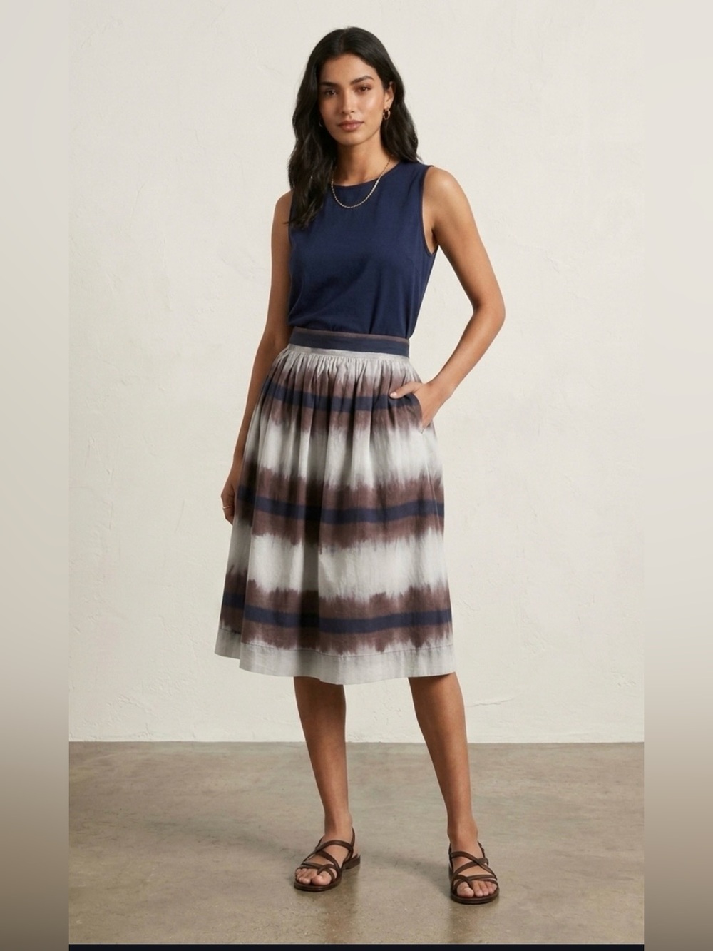 Anthropologie Edme & Esyllye Navy, Brown & White Inkwell Skirt